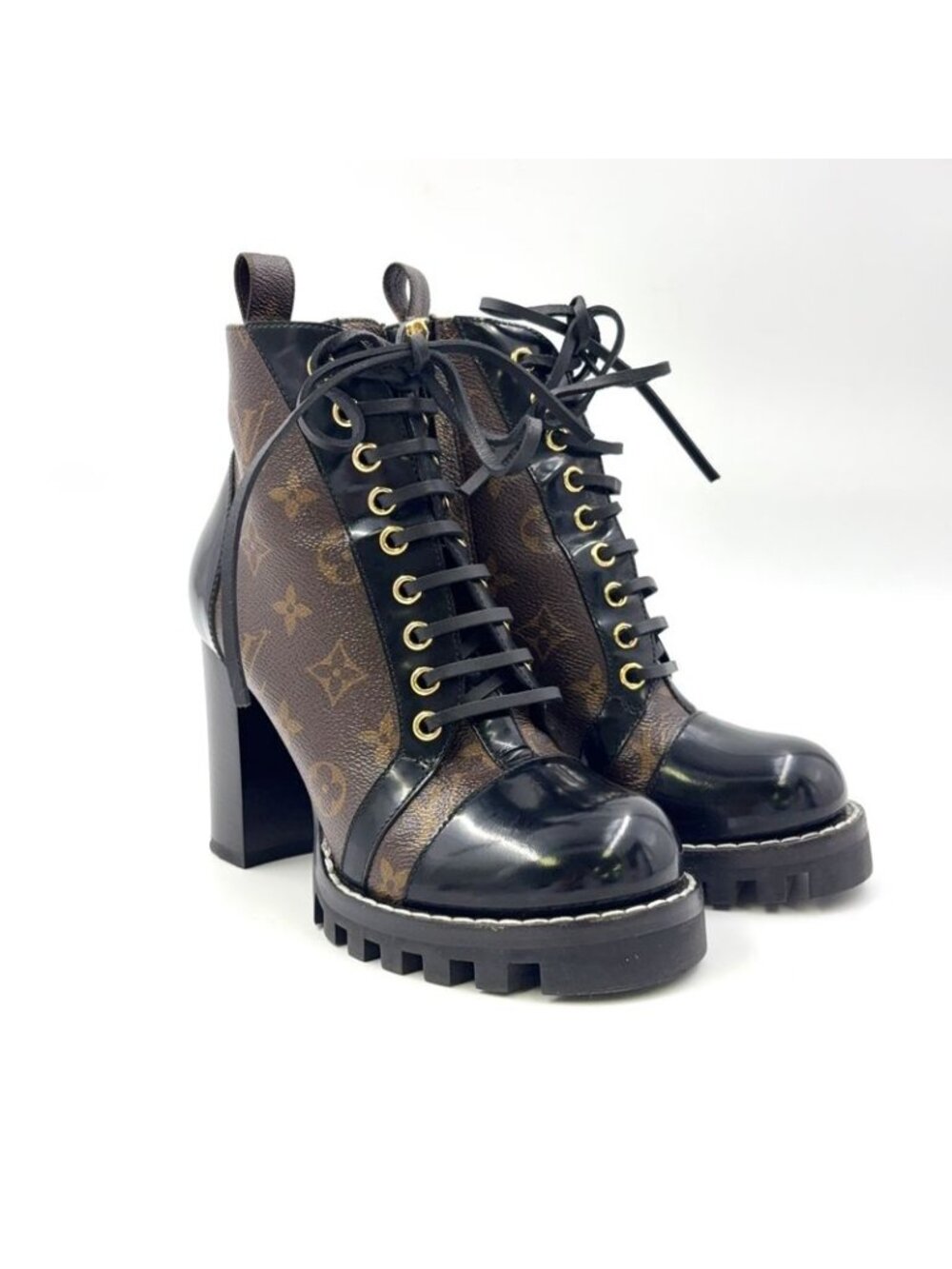 Louis Vuitton Star Trail Line Ankle Boots Monogram Enamel Leather Brown Black - Picture 3 of 15